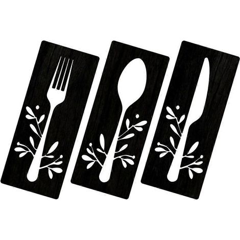 Décoration murale en bois représentant une fourchette, une cuillère et un coupe-cuillères (4 ensembles) (1/5)