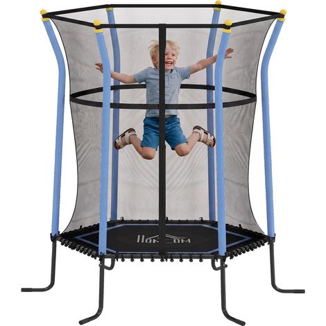 Trampoline Enfant avec Filet de Sécurité Sans Ressort Cordes Élastiques Jeux Intérieur Extérieur Jardin 122x111x190 cm Bleu (1/5)