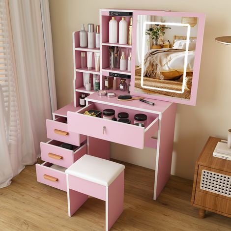 Tocador con Espejo LED y Taburete - 85 x 36 x 130 cm - 3 Modos de iluminación - con 4 Cajones y Estantes - Rosa (1/5)