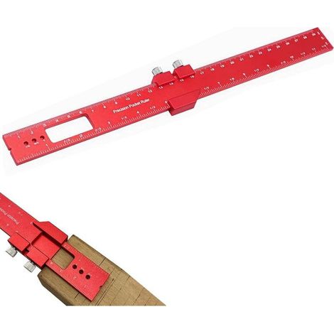 Règle de traage de précision en métal de 300 mm avec butée pour le travail du bois, repères à 45° et 90° pour la mesure et le dessin, rouge (1/5)