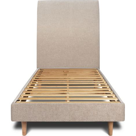Lit 90x190cm avec tête de lit tapissier tissu et sommier kit beige brun - Hauteur totale : 29cm (1/5)
