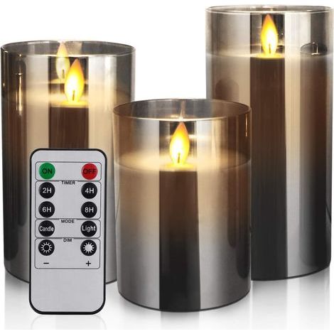 Velas LED sin llama con efecto parpadeante, control remoto y temporizador, de 4, 5 y 6 pulgadas, paquete de 3 velas eléctricas a pilas (gris). (1/5)