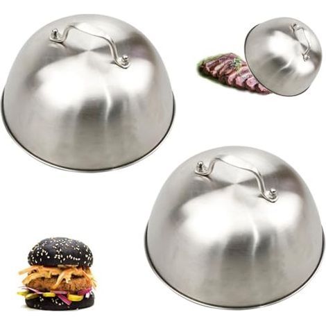 Lot de 2 Cloche Plancha, Cloche Cuisson Burger avec Poignée, Cloches à Hamburger en Acier Inoxydable, pour Cheeseburgers, Barbecue, Steak, Bacon - Passe au Lave-Vaisselle (1/5)