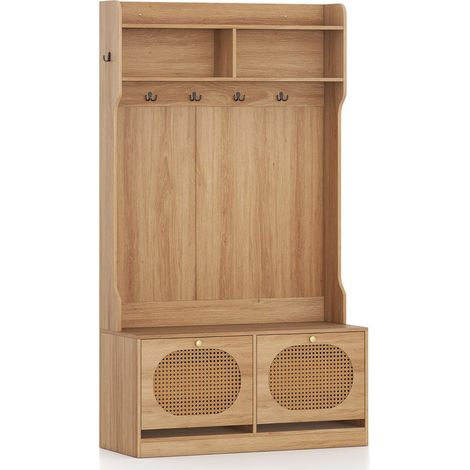 4 en 1 Vestiaire d'Entrée avec Banc et Porte-Manteau Meuble Rangement Chaussures Tiroirs Abattants Rotin PE Naturel (1/2)