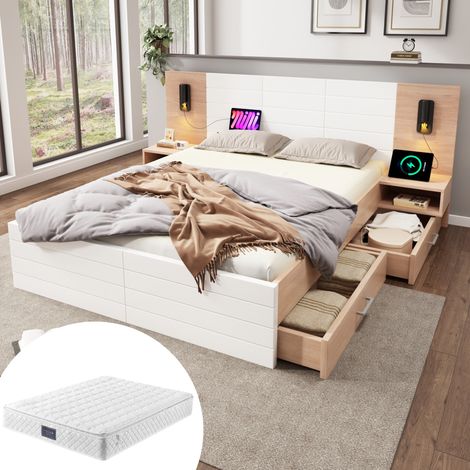 DESVIAE Lit double 140 x 200 cm avec tête de lit éclairage de lecture USB 2 tiroirs 2 tables de chevet sommier matelas ressorts ensachés 620 ressorts blanc chêne clair (1/5)
