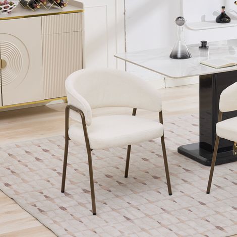 Fauteuil de salle à manger moderne en chenille, avec accoudoirs, pieds en laiton antique, lot de 1, beige (1/5)