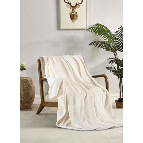 Couverture Polaire réversible en Microfibre Flanelle veloutée 260 g/m², Douce, Chaude et légère, Lavable en Machine, 220 x 240 cm, écru