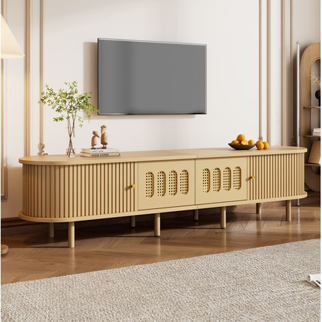 Mobile TV 180x40x40 cm in MDF effetto legno chiaro, design rattan, per TV 75" (1/5)