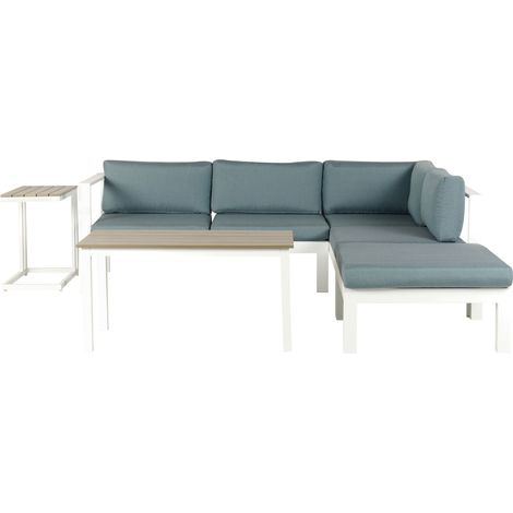 Beliani – Ensemble de jardin 5 places en aluminium – Canapé d'angle avec 2 tables basses – Coussins en polyester vert menthe – Facile à entretenir