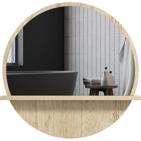 Miroir rond mural salle de bain avec étagère rangement Ø 45 x H10 cm panneau particules