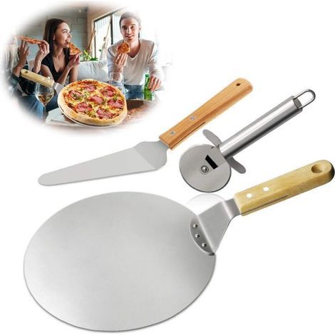 3pcs Roulette pizza, Pelle à pizza, Pelle à gâteau en Acier Inoxydable Manche en bois , Idéal pour Tarte, Pizza ou Gâteau.. (1/4)