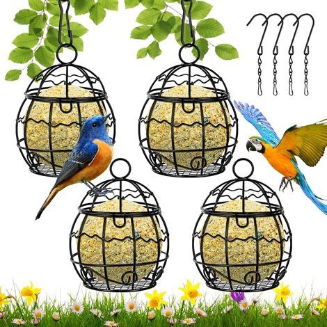 Mangeoires Oiseaux, 4pcs Métal Mangeoire Oiseaux Exterieur avec 4pcs Crochets en Forme de S, Suspendue Boule de Graisse Bird Feeder pour la Cour de la Maison Le Jardin la Faune (Noir) (1/5)