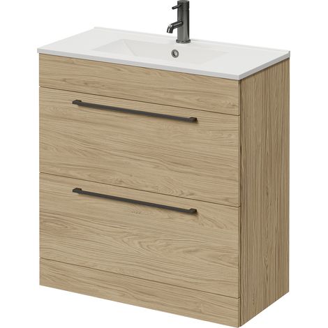 Napoli 390 Light Oak 800mm 2 Drawer Vanity Unit with Angel Basin - 800mm - Gunmetal Grey 480mm Handle