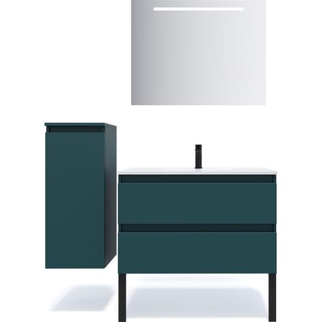 Meuble de salle de bain suspendu vasque intégrée 90cm 2 tiroirs Bleu + miroir + colonne ouverture gauche - Hudson (1/5)