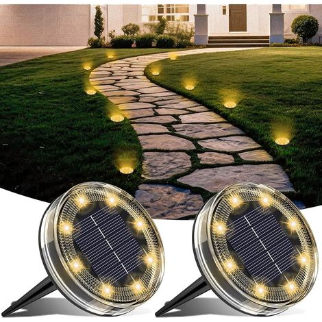 Lot de 2 Lampe Solaire Au Sol, 8 LED Lumiere Solaire Exterieur Jardin IP68 Étanche, Spot Solaire Extérieur pour Chemins Pelouse Terrasse Allée Cour Piscine Passerelle, Blanc Chaud (1/5)