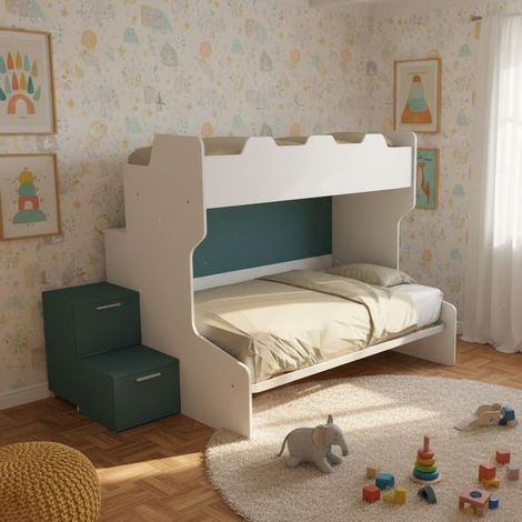 Letto a castello con gradini a cassetti e passerella - Una piazza e mezza e singola - Bianco e Petrolio