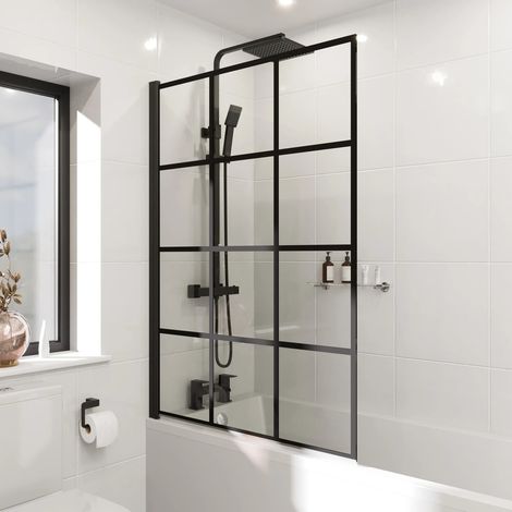 Aquari 1000 x 1400mm Bath Shower Screen Door Hinged Framed Black Abstract Grid Square 6mm Glass Panel (1/5)