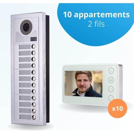 Portier interphone vidéo MODERN 2 Fils - 10 appartements - 10 écrans blancs (1/4)