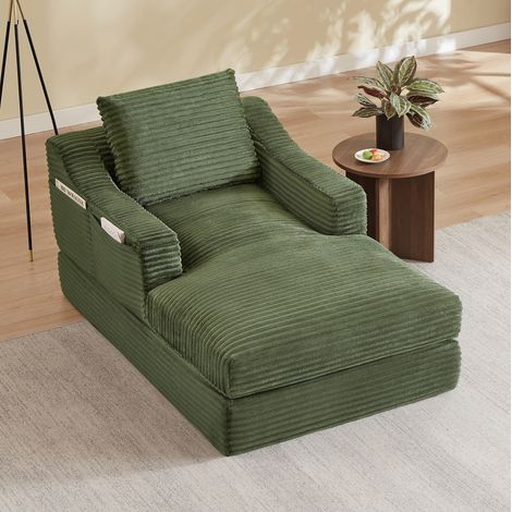 Fauteuil lounge convertible vert en mousse avec revêtement effet velours côtelé et design double couche (1/5)