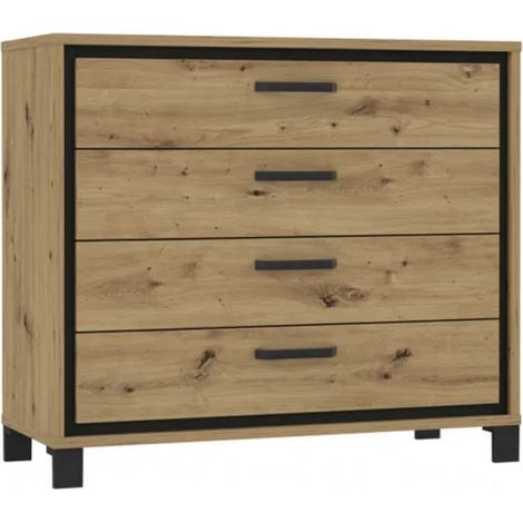 Commode 102 cm 4 tiroirs décor chêne pieds poignées métal noir - ALIA (1/5)