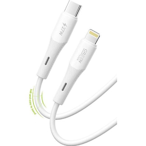 Câble USB-C vers Lightning GREEN LYCA, 3 A, 2 m, charge rapide PD 27 W, silicone liquide - Blanc (1/2)