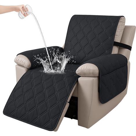 100% Waterproof Electric Recliner Armchair Cover, Non-Slip, 1 Seater Recliner Chair Cover with Side Pockets, Washable Recliner Chair Cover, Black (1/5)