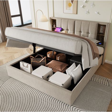 Lit coffre rembourré 180x200 cm naturel en lin, avec tête de lit à étagères, charge sans fil, USB et USB-C (1/5)