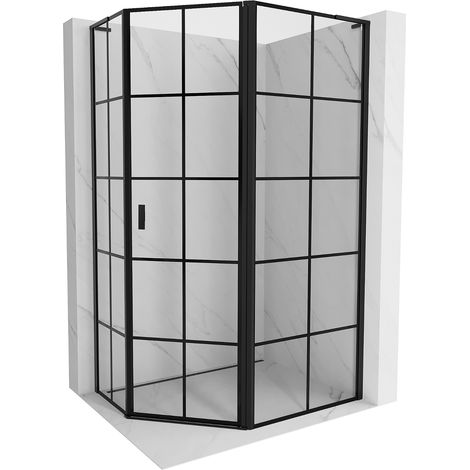 Mexen Mist L cabina de ducha pentagonal asimétrica batiente derecha 90 x 80 cm, rejilla negra, negra - 8A8L-090-080-70-77-P (1/5)