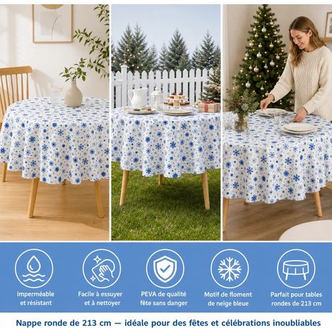 Lot de 2 Nappes de Noel Rondes Bleues Flocons PEVA 213 cm Jetables Impermeables (1/4)