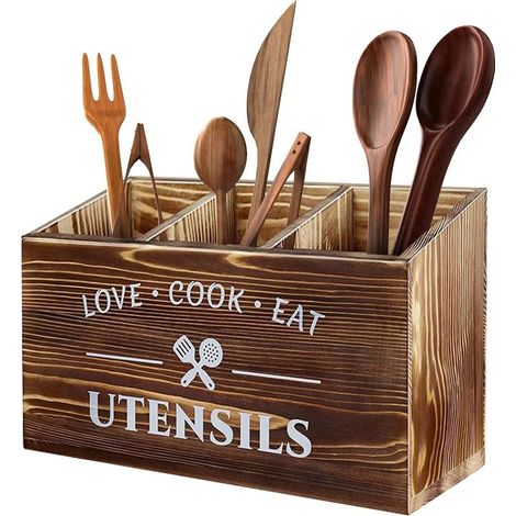 Étagère à ustensiles de cuisine en bois avec 3 compartiments pour ranger couteaux, fourchettes, cuillères et autres articles. (1/5)