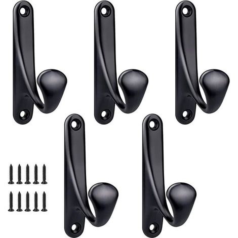 Crochet mural minimaliste en alliage de zinc – Lot de 5 patères robustes pour entrée, chambre ou salle de bain, vis incluses – Noir (1/5)