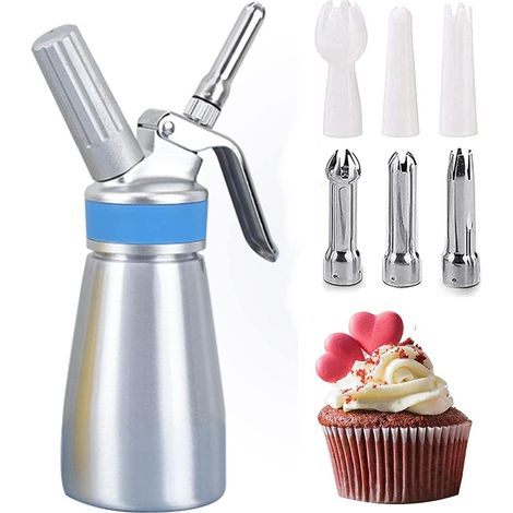 250ml Sahnespender, Sahnesyphon Edelstahl mit 3 Dekorations-Düsen und 1 Reinigungsbürsten, Edelstahl Sahnespender für Cremes und Soßen (250 ml Silber) (1/2)