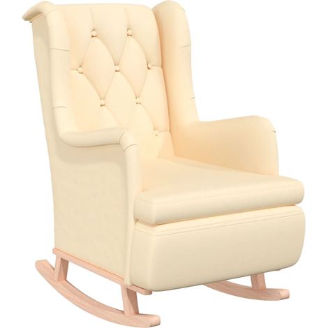 Fauteuil avec pieds à bascule en bois d'hévéa solide Crème Tissu (1/5)