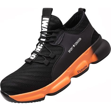 TAISHENGDA-Chaussures de Sécurité pour Homme Femme, Standard S1 Embout Acier Respirant Chaussures de Travail Légère Chantiers et Industrie Basket - Noir Orange 36EU 23cm (1/5)