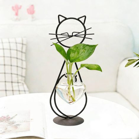 Vase Hydroponique - Support Pour Fleurs En Fer Forgé Forme De Chat - Décor Intérieur Pour Salon Et Salle À Manger - 28,5 X 12 Cm - 1 Pièce (1/5)