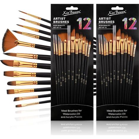 Lot de 12 pinceaux de Peinture Acrylique - 2 Ensembles Aquarelle en Nylon - Pinceaux Fins pour Enfants débutants - Corps en Bois pour peintures acryliques, aquarelles, huiles, Peinture sur (1/5)