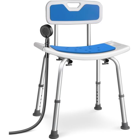 Chaise de Douche avec Dossier Hauteur Réglable 70 à 83cm Siège de Douche Ergonomique avec Pieds Antidérapants pour Personnes Âgées Chaise de Bain Charge Max. 136kg Blanc Bleu (1/5)