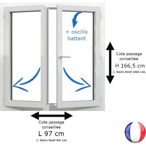 Fenêtre PVC blanc 2 vantaux hors tout H 166 x L 96 cm oscillo battant pour pose rénovation