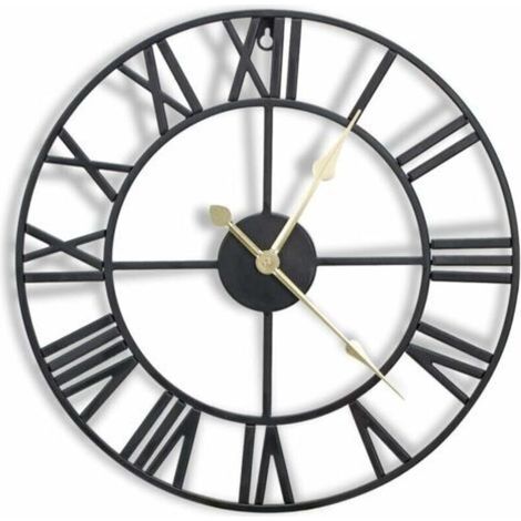 Horloge murale en métal de 16 pouces avec chiffres romains 3D, mouvement silencieux et à piles, superbe décoration murale pour cuisine, salon et ferme, noir