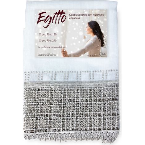 COPPIA tendina a vetro EGITTO con PIZZO macramè grigio COPPIA (2 TELI) CM. 70X150