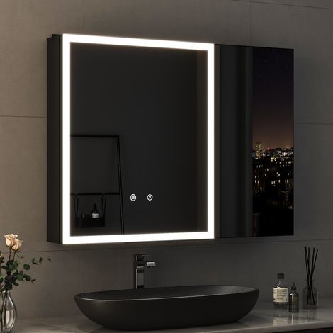 80 x 60 cm Spiegelschrank Bad mit Beleuchtung Schwarz Badezimmer Spiegelschrank mit Beleuchtung Badezimmerschrank mit Spiegel bad Hängeschränke mit 3 Einstellbare Lichtfarben + Beschlagfrei (1/5)