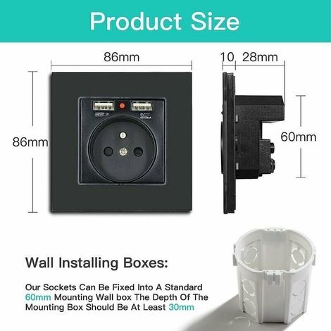 Prise Murale avec 2xUSB, 16A - Panneau en Verre Cristal Noir, Prise 250V avec USB (max. 2,1A), Convient aux Smartphones, Tablettes, MP3 (1 pcs) (1/5)