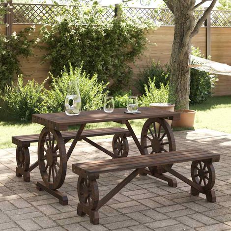 Ensemble repas de jardin 3 pièces en bois de sapin massif aspect brûlé - PANGIVO (1/5)