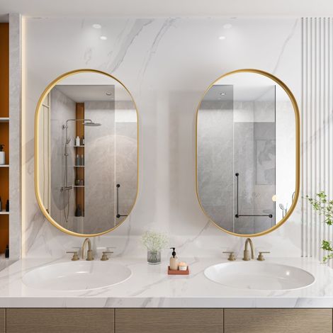 Armario de baño Espejo ovalado ahorro de espacio con estantes ajustables metal dorado (1/5)