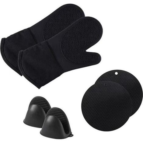 Paquet de gants de four extra longs et mini de en résistant à la chaleur pour la cuisine doublure matelassée 6 Silicone Noir (1/3)