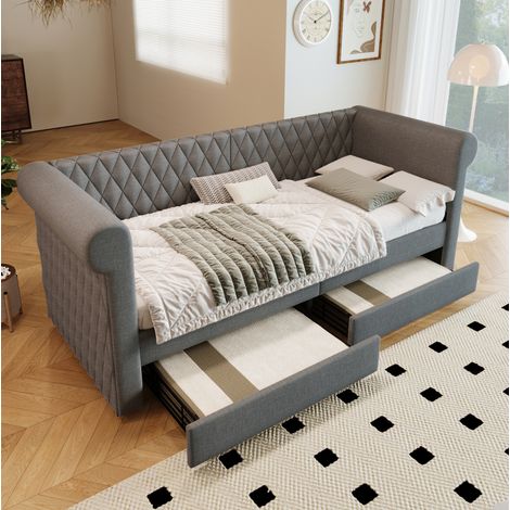 Sofá cama FloraGrace 90x200 cm, tela de lino gris, almacenaje para dormitorio, sin colchón (1/5)