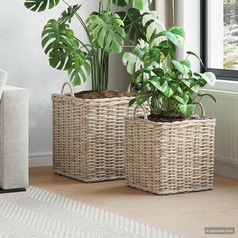 vidaXL Cestino per Piante con archiviazione 2 pcs Grigio Rattan (1/5)