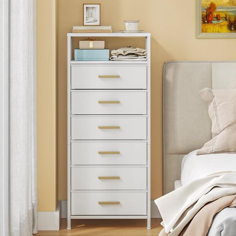 Commode Chambre, Meuble de Rangement avec Compartiment Ouvert, Colonne de Rangement avec Pliable 6 Tiroirs en Tissu, pour Chambre à Coucher, Salon, Blanc (1/5)