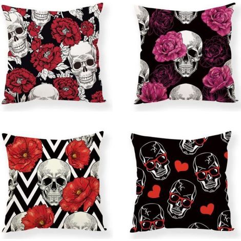 Housse de coussin - - Lot de 4 - Imprimé Rose et Tête de Mort - 45 x 45 cm - Peluche Douce (1/4)
