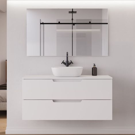 Meuble de salle de bain 120cm avec plateau et vasque à poser arrondie - 2 tiroirs - blanc mat - SONRIZA (1/5)